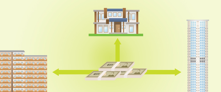 紙幣束から複数の物件に矢印が向く様子を表したイラスト